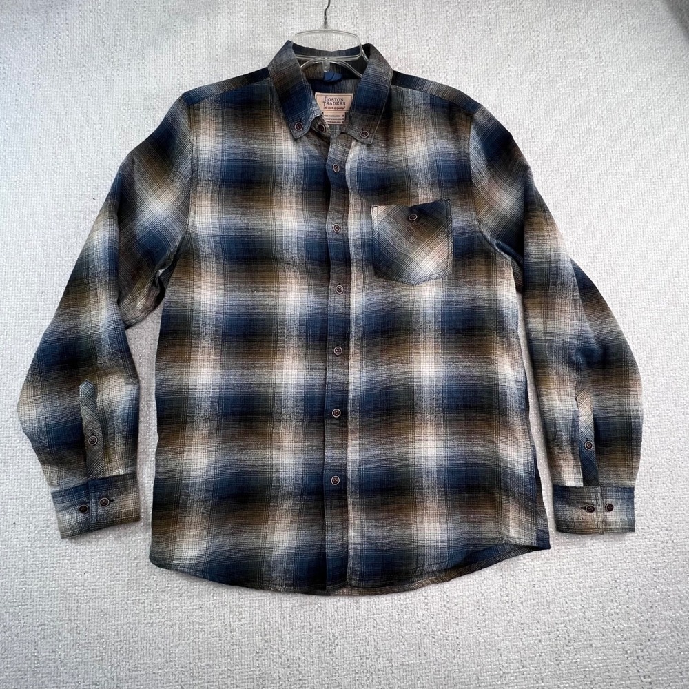 Boston Traders‎ Mens Medium Plaid Flannel Shirt Blue Button Down Cotton